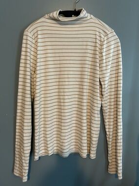 Lands' End Cream and Tan Striped Mock Turtleneck Top